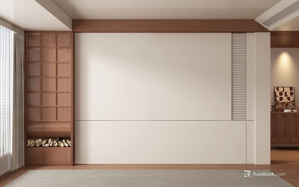 Modern Minimalist Sofa Background Wall With Wooden Grid White Wall And Vertical Stripe Accent 3d model 
