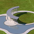 Modern Curved Pergola With White Columns Metal Strips And Water Reflection