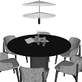 Modern Round Black Dining Table Set With Six Light Gray Chairs And Tabletop Items 3d model