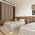 Serene Bedroom Interior With Two Beds Wooden Headboard Wall Art Woven Carpet And Wooden Shelves