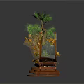 Decorative Bonsai Trees With Golden Leaf And Green Pine On Wooden Display Bases