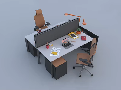 Modern Office Desk With Ergonomic Chairs Laptop Desk Lamp Plant And Partition 3d model