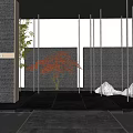 Modern Garden Ornament With Red Maple Tree Bamboo Background Stone Rockery And Black Stone Flooring