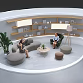 Modern Living Room Interior With Sofa Armchair Round Coffee Table Shelves And Plant