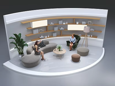 Modern Living Room Interior With Sofa Armchair Round Coffee Table Shelves And Plant 3d model
