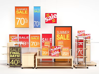 Display Shelves with Summer Sale Signs 70 Percent Discount and Final Days 3d model
