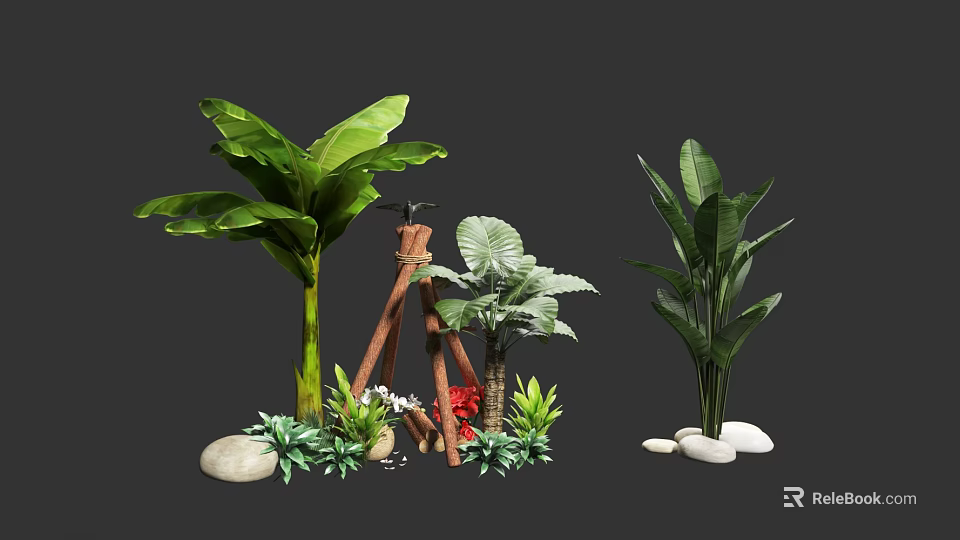 Decorative Floral Installation Featuring Green Plants Large Leaf Foliage Wooden Structure And Stones 3d model 