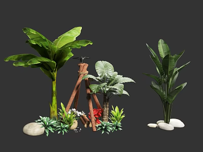 Decorative Floral Installation Featuring Green Plants Large Leaf Foliage Wooden Structure And Stones 3d model