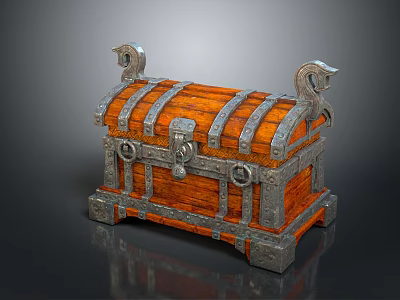 Vintage Wooden Storage Chest With Metal Straps Bird Head Handles And Decorative Feet 3d model