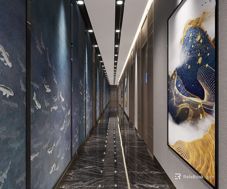 Stylish Elevator Hallway Featuring Fish Pattern Walls Marble Floor Linear Lighting And Artwork 3d model