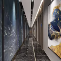 Stylish Elevator Hallway Featuring Fish Pattern Walls Marble Floor Linear Lighting And Artwork 3d model