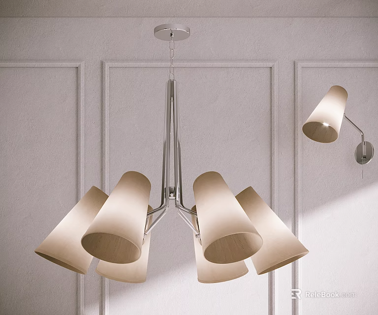 Modern Lighting Combination With Chandelier Beige Shades And Wall Mounted Lamp Metal Frame 3d model 