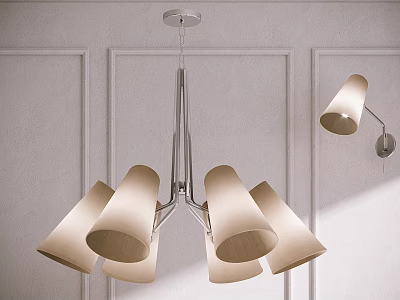 Modern Lighting Combination With Chandelier Beige Shades And Wall Mounted Lamp Metal Frame 3d model