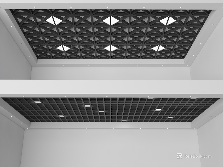 Modern Ceiling Design With Geometric Diamond Patterns Recessed Lights And Grid Panels 3d model 
