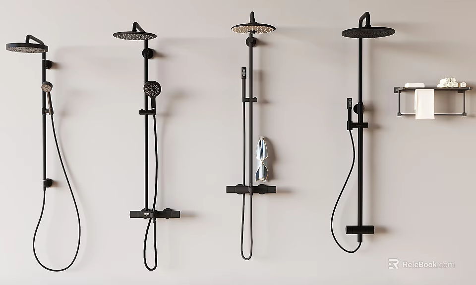 Modern Black Wall Mounted Shower Systems With Rain And Handheld Heads 3d model 