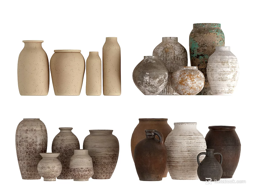 Ceramic Vessels Collection With Various Shapes Textured Surfaces And Neutral Tones 3d model