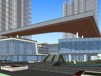 Modern Office Building With Glass Curtain Walls Overhanging Roof And Open Plaza 3d model