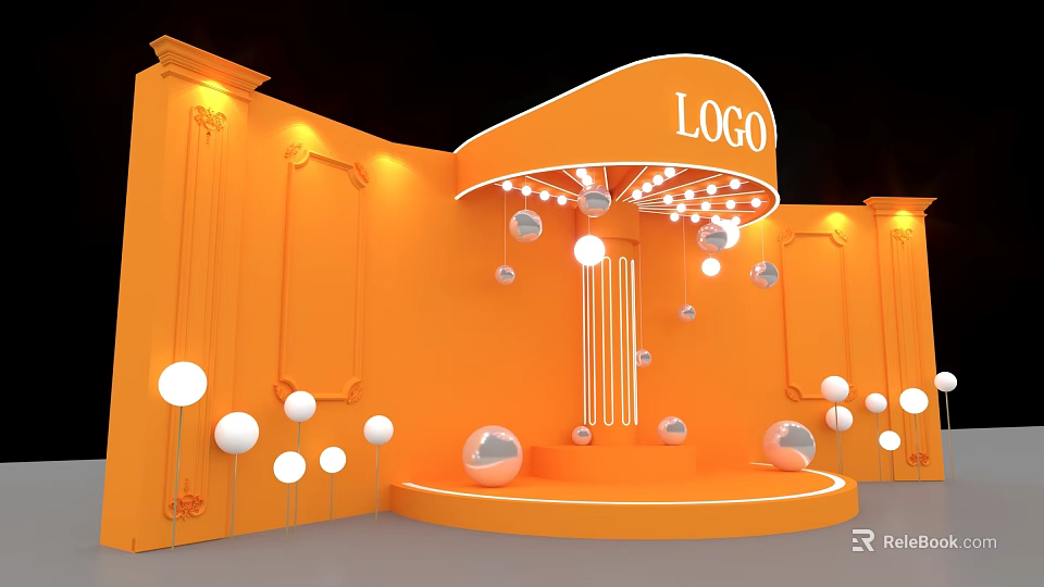 Orange Exhibition Booth Design With Curved Top LOGO And Decorative Spheres Lighting Elements 3d model 