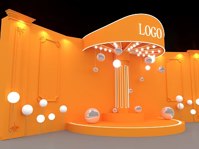 Orange Exhibition Booth Design With Curved Top LOGO And Decorative Spheres Lighting Elements 3d model