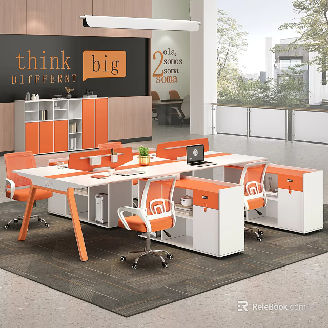 Modern Office Desk with Orange And White Storage Cabinets Ergonomic Chairs And Laptop On Top 3d model 
