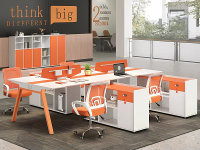 Modern Office Desk with Orange And White Storage Cabinets Ergonomic Chairs And Laptop On Top 3d model