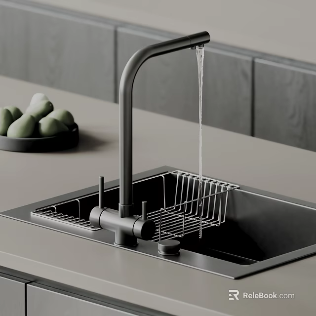 Stainless Steel Kitchen Sink With Black Faucet Running Water And Drying Rack On Gray Countertop 3d model 