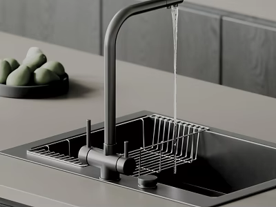 Stainless Steel Kitchen Sink With Black Faucet Running Water And Drying Rack On Gray Countertop 3d model