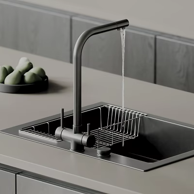 Stainless Steel Kitchen Sink With Black Faucet Running Water And Drying Rack On Gray Countertop 3d model