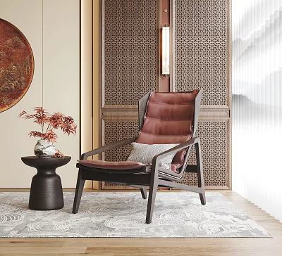 Elegant Accent Chair Wooden Frame Brown Upholstery Small Table Red Leaf Plant Modern Room 3d model