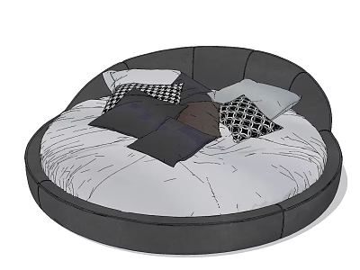 Modern Round Bed with White Mattress Dark Frame and Decorative Pillows 3d model