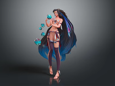 Game Movie Character With Long Blue Purple Hair Holding Floating Blue Orbs And Strappy Outfit 3d model