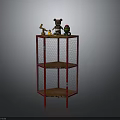 Red Multi Tiered Shelf With Wire Mesh Sides And Wooden Layers Displaying Stuffed Toys