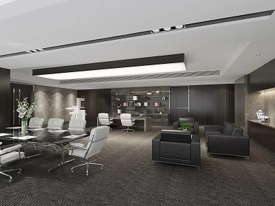 Modern Office Interior With Meeting Table White Chairs Black Sofas Bookshelf And Ceiling Lights 3d model