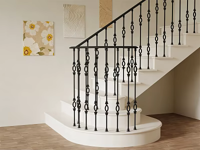 Elegant Staircase With Black Iron Railings White Steps And Wall Art On Wooden Floor 3d model