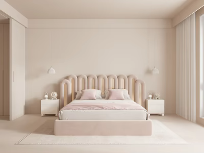 Light Colored Bedroom Double Bed With Curved Wave Headboard Nightstands And Table Lamps 3d model