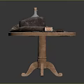 Wooden Dining Table With Old Hat Transparent Bottle Dice Plate Bread And Small Knife