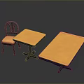 Simple two dining tables with yellow tabletops and chair with yellow cushion on grey background