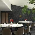 Private Dining Room With Hanging Plants Round Tables And Decorative Wall 3d model