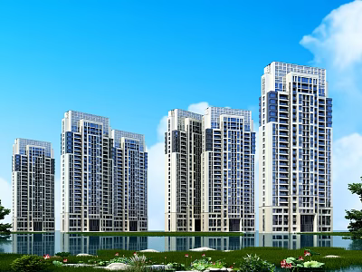 Modern High Rise Residential Buildings With Waterfront Greenery And Blue Sky View 3d model