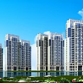 Modern High Rise Residential Buildings With Waterfront Greenery And Blue Sky View