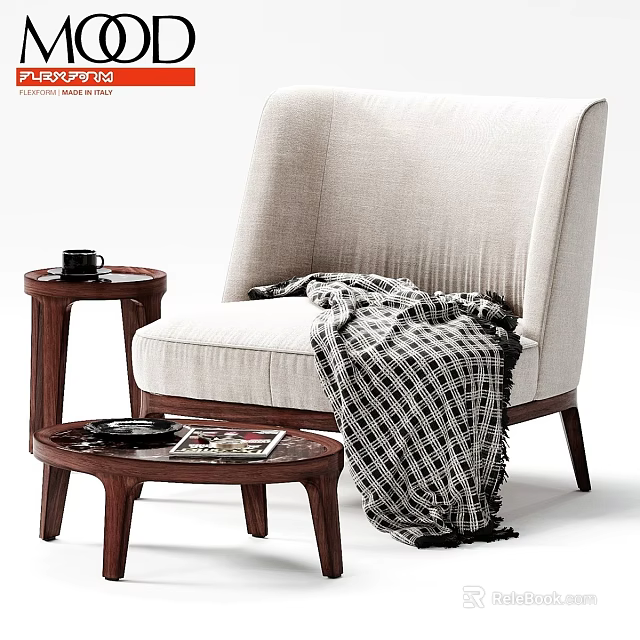 Beige Leisure Chair With Wooden Tables Black Cup Magazines And Checkered Blanket 3d model 