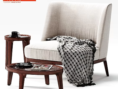 Beige Leisure Chair With Wooden Tables Black Cup Magazines And Checkered Blanket 3d model