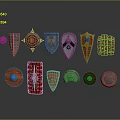 Various Decorative Shields With Round Pointed And Emblem Designs In Metal And Wooden Styles