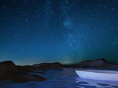 Starry Night Landscape With Milky Way Over Calm Water And Small Boat Near Rocks 3d model