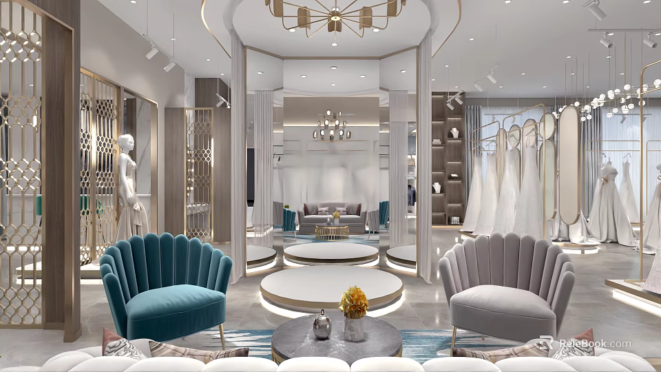 Modern Elegant Bridal Shop Interior With Chandelier Mannequins Wedding Dresses And Round Display Tables 3d model 