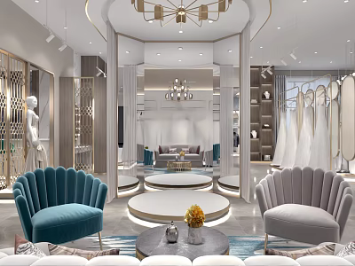 Modern Elegant Bridal Shop Interior With Chandelier Mannequins Wedding Dresses And Round Display Tables 3d model