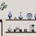 Blue and White Ceramic Wares Display on Wooden Shelves with Vases Plates and Teapot