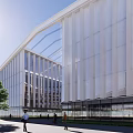 Modern Industrial Factory Building With White Facade Large Glass Windows Green Lawn And Trees