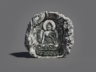 Intricate Stone Landscape Sculpture Depicting Seated Buddha on Lotus Pedestal with Rock Texture 3d model