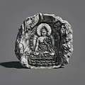 Intricate Stone Landscape Sculpture Depicting Seated Buddha on Lotus Pedestal with Rock Texture